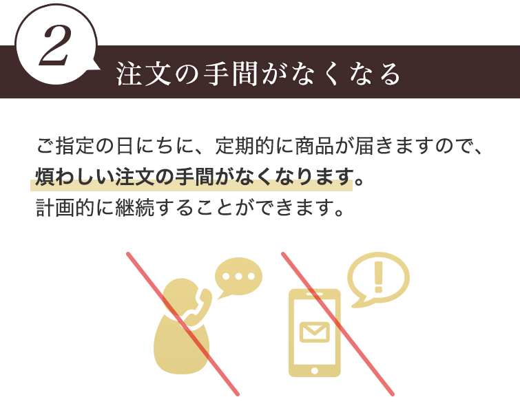 2 注文の手間がなくなる　ご指定の日にちに、定期的に商品が届きますので、煩わしい注文の手間がなくなります。計画的に継続することができます