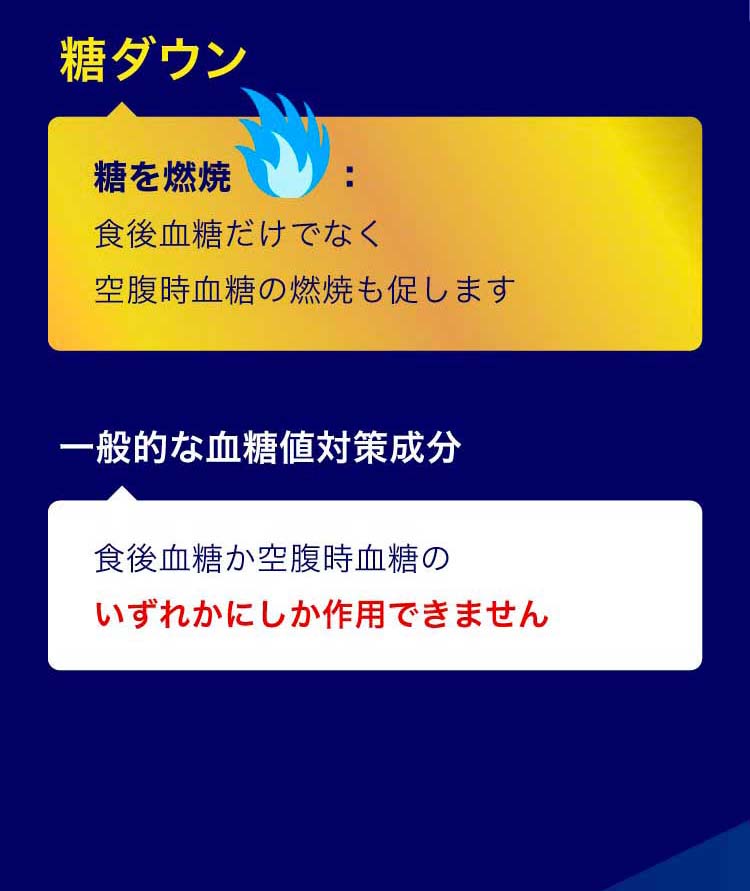 糖ダウン：食後血糖値だけでなく、空腹時血糖値の燃焼も促します