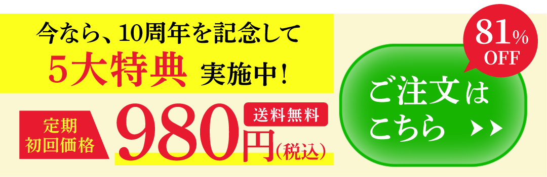 今なら10周年を記念して5大特典実施中！定期初回価格980円（税込）送料無料[81%OFF] ご注文はこちら